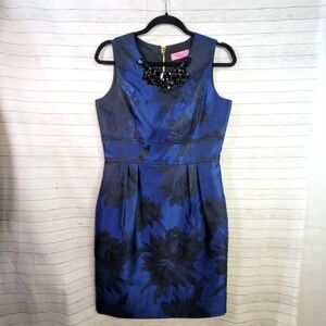 ELIZA J BLUE & BLACK FLORAL JACQUARD DRESS W BEADED NECKLINE, SZ 8